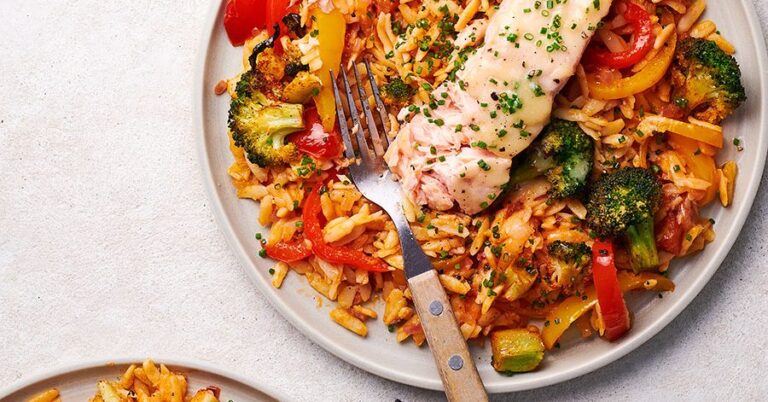 Lemon orzo with trout, spiced broccoli & pepperonata recipe