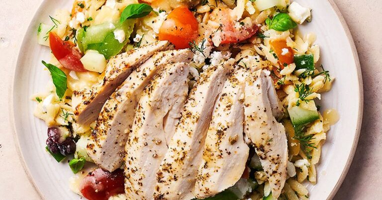 Marinated chicken with orzo, tomato and feta recipe
