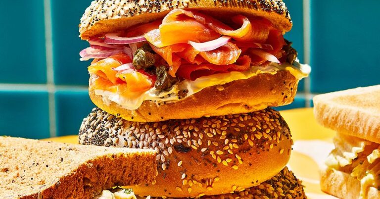 Smoked trout and soft cheese bagels with crispy capers recipe