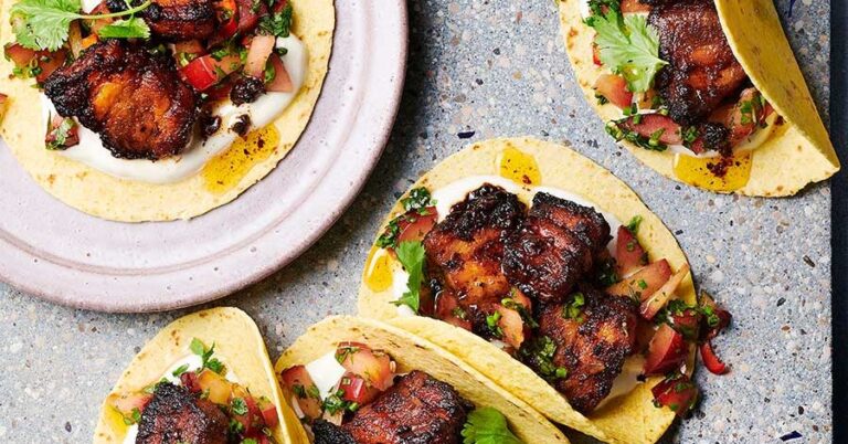 Air roast sticky pork tacos with plums & chili -salsa recipe