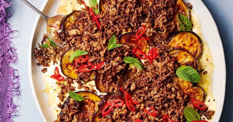 Roasted eggplant with crispy lamb and curry turmeric yogurt recipe
